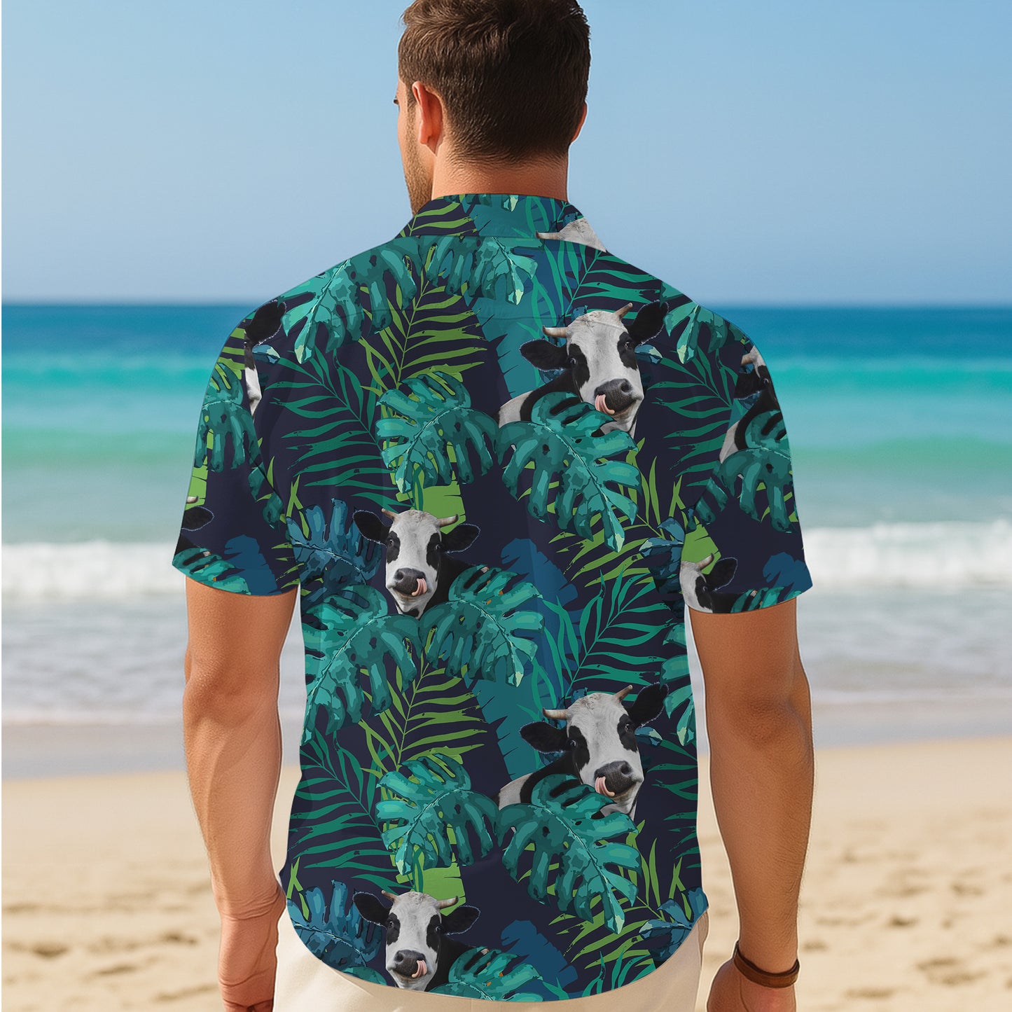 Tropical Night Cow & Jungle Leaves Pattern Hawaiian Shirt Men Women Summer Aloha