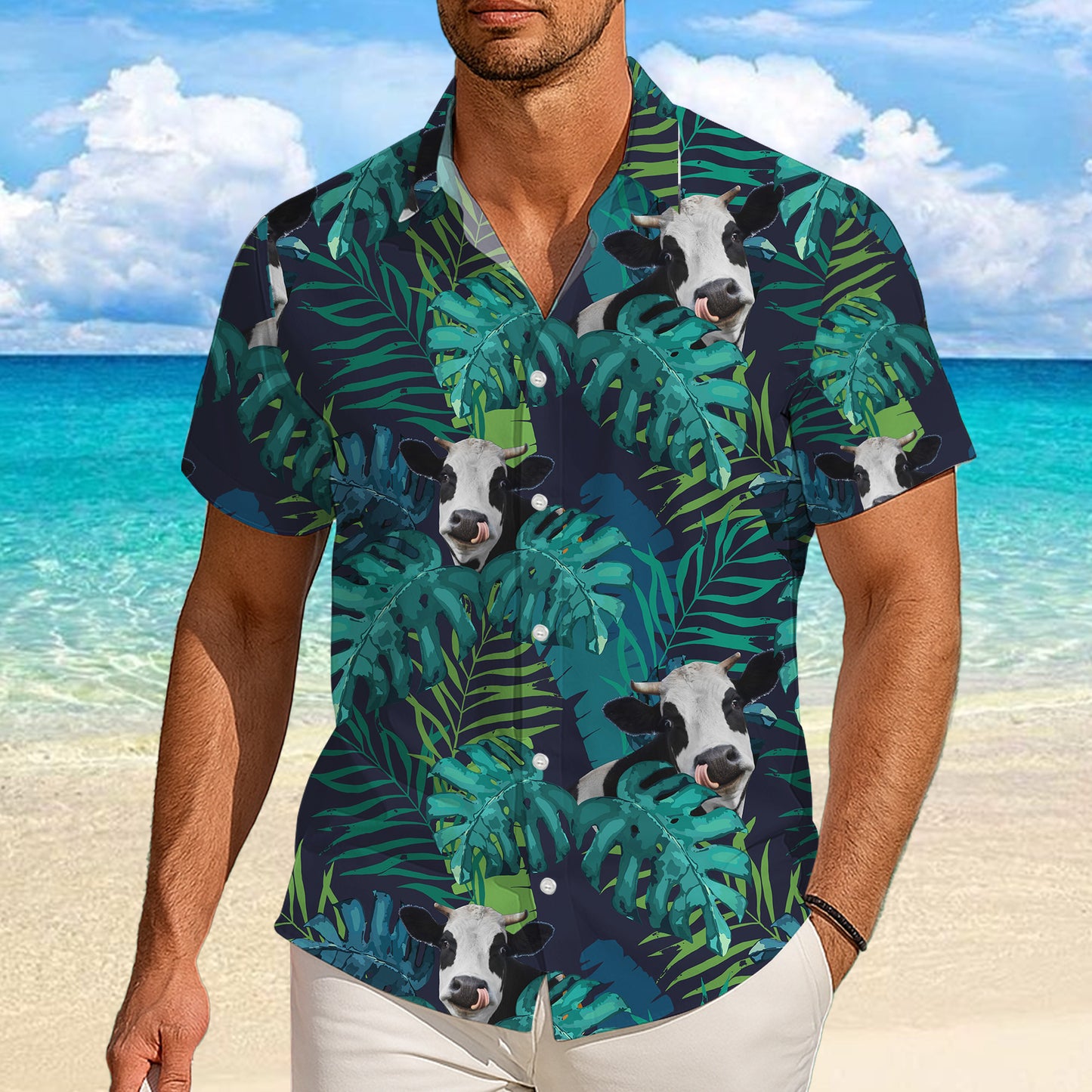 Tropical Night Cow & Jungle Leaves Pattern Hawaiian Shirt Men Women Summer Aloha