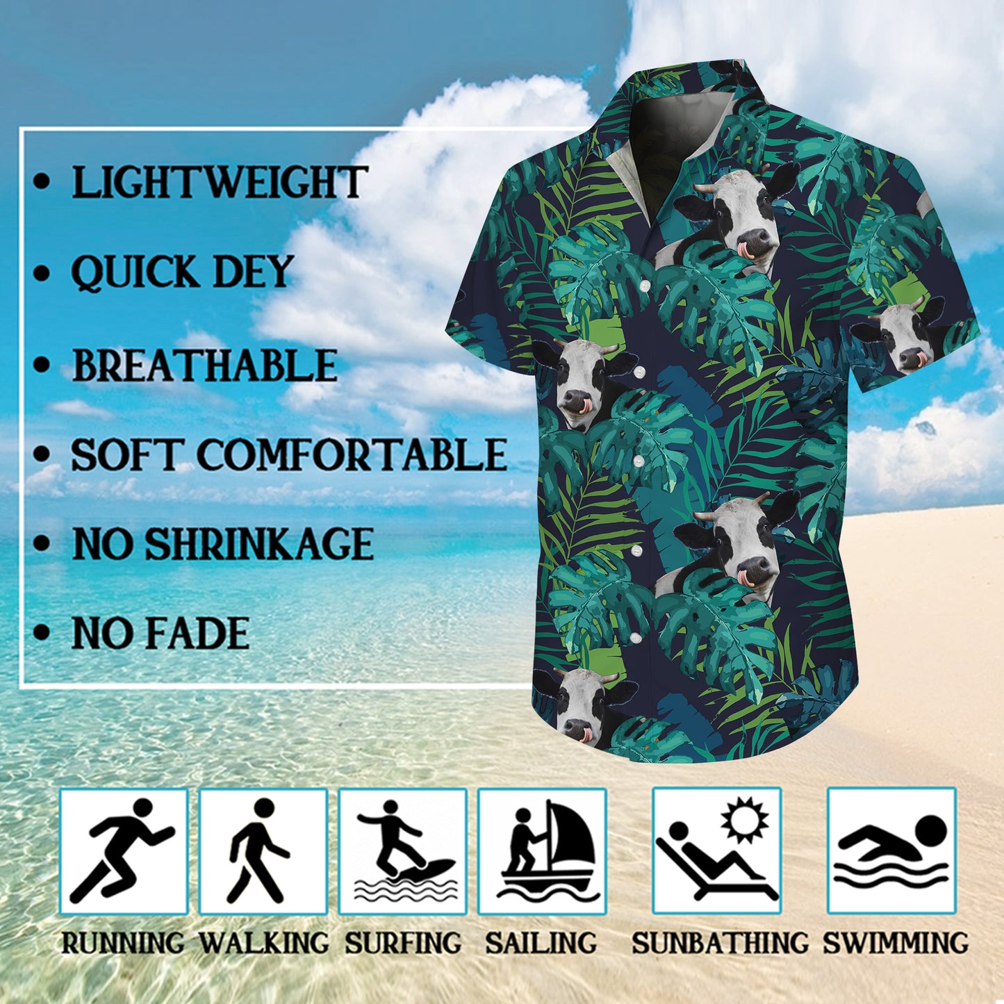Tropical Night Cow & Jungle Leaves Pattern Hawaiian Shirt Men Women Summer Aloha