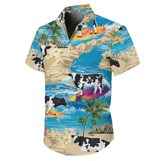 Surfing Cow & Tropical Beach Ocean Pattern Hawaiian Shirt Men Women Summer Aloha
