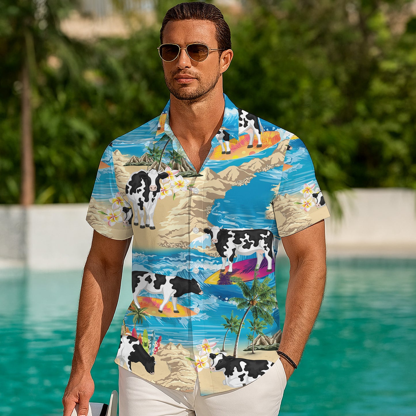 Surfing Cow & Tropical Beach Ocean Pattern Hawaiian Shirt Men Women Summer Aloha