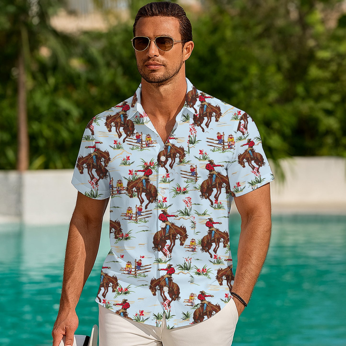 Western Cowboy Riding Rodeo Horse Pattern Hawaiian Shirt Men Women Casual Aloha