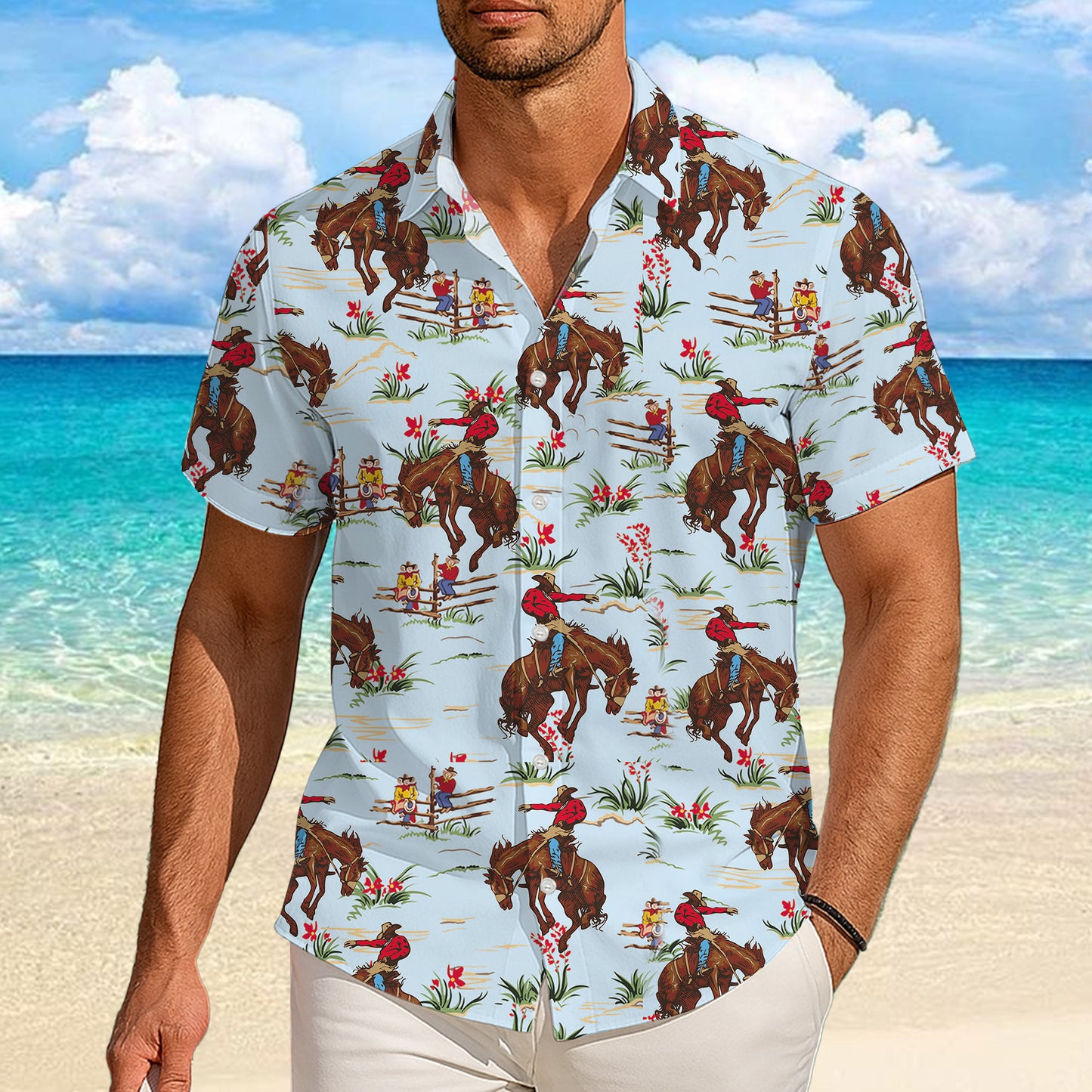 Western Cowboy Riding Rodeo Horse Pattern Hawaiian Shirt Men Women Casual Aloha
