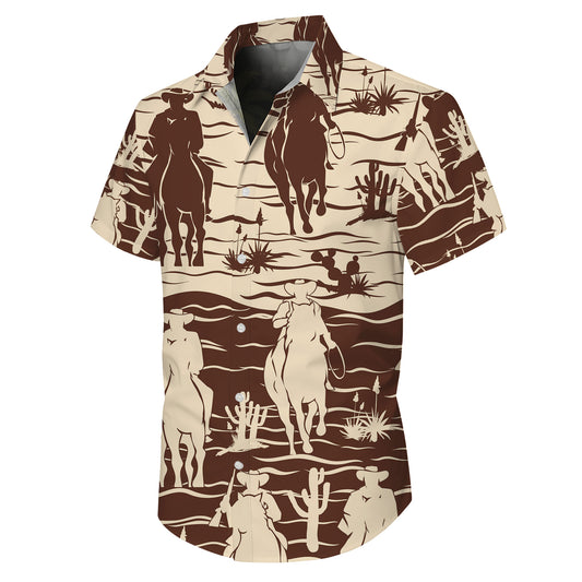 Minimalist Brown Cowboy Rodeo Desert Pattern Hawaiian Shirt Men Women Aloha