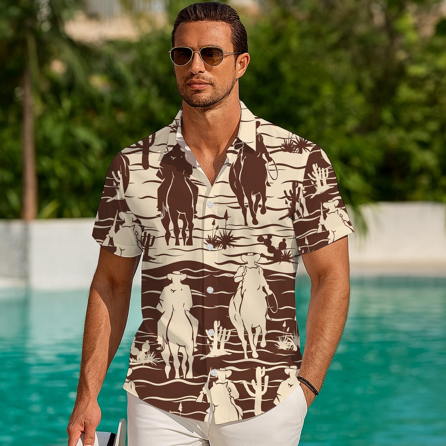 Minimalist Brown Cowboy Rodeo Desert Pattern Hawaiian Shirt Men Women Aloha