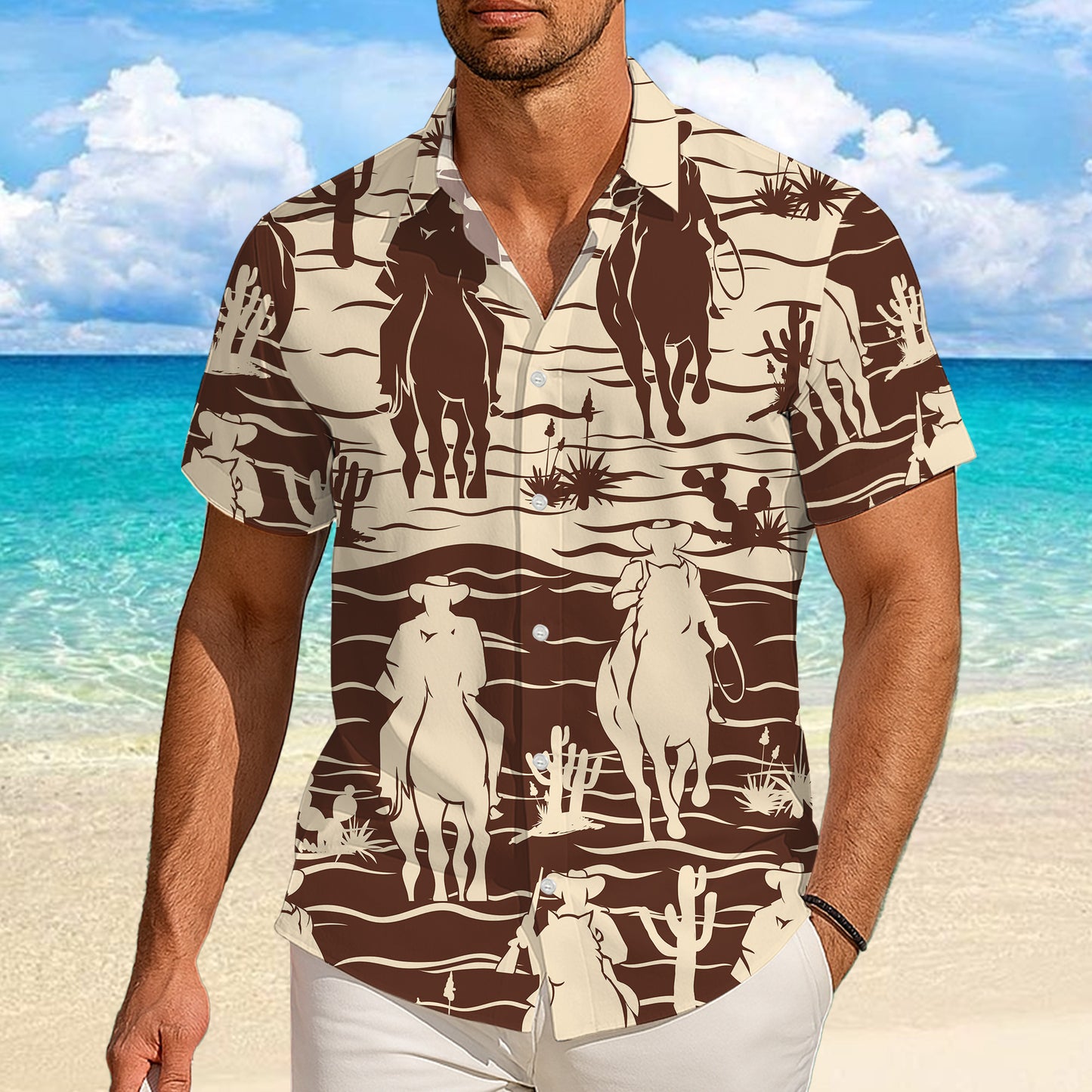 Minimalist Brown Cowboy Rodeo Desert Pattern Hawaiian Shirt Men Women Aloha