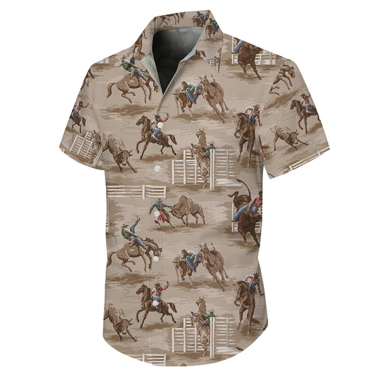 Western Cowboy Bull Riding Rodeo Competition Pattern Hawaiian Shirt Men Women
