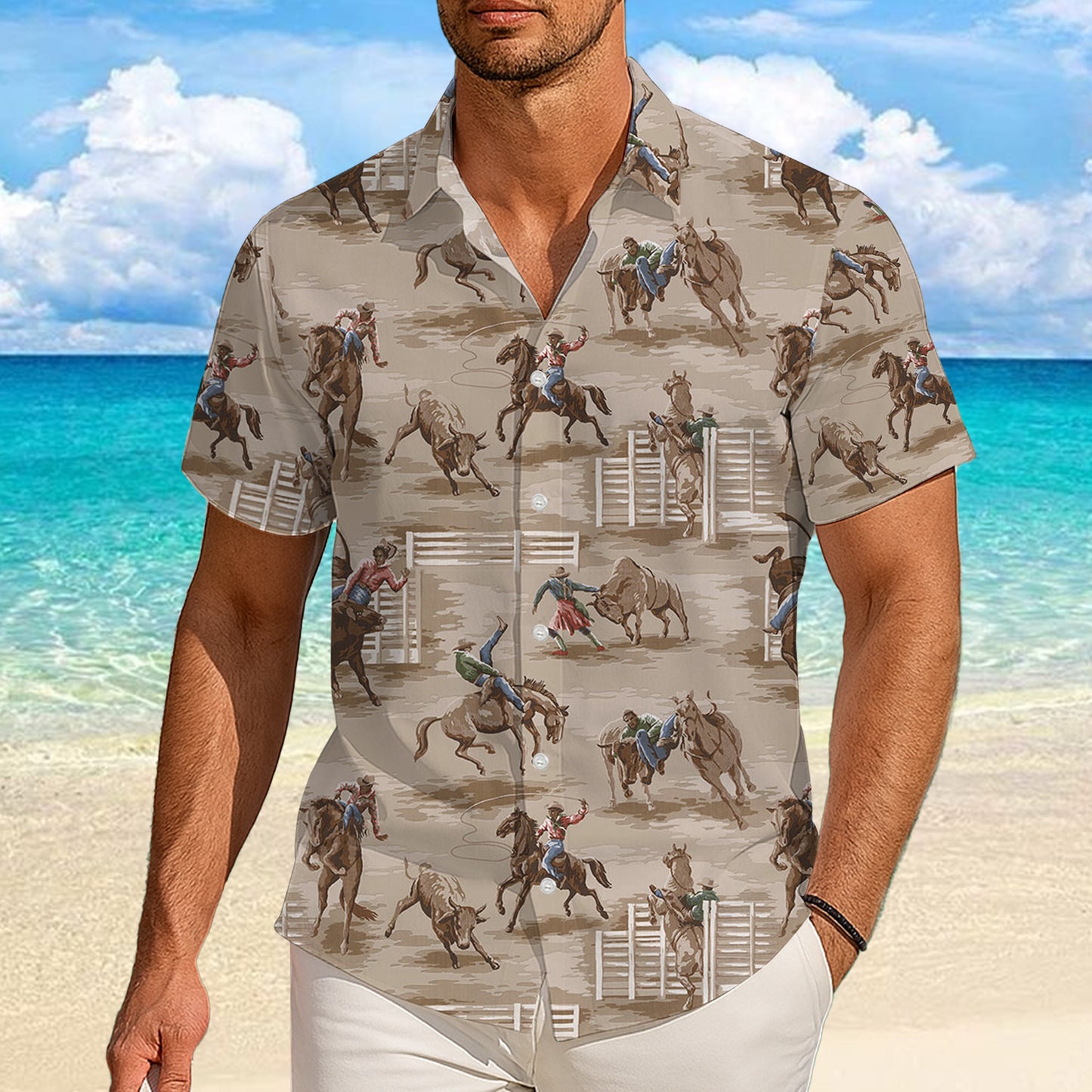 Western Cowboy Bull Riding Rodeo Competition Pattern Hawaiian Shirt Men Women