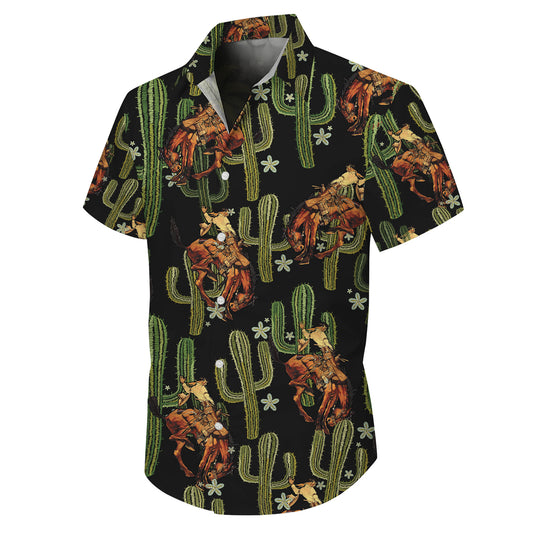 Western Cowboy Riding Horse & Cactus Pattern Hawaiian Shirt Men Women Casual Aloha