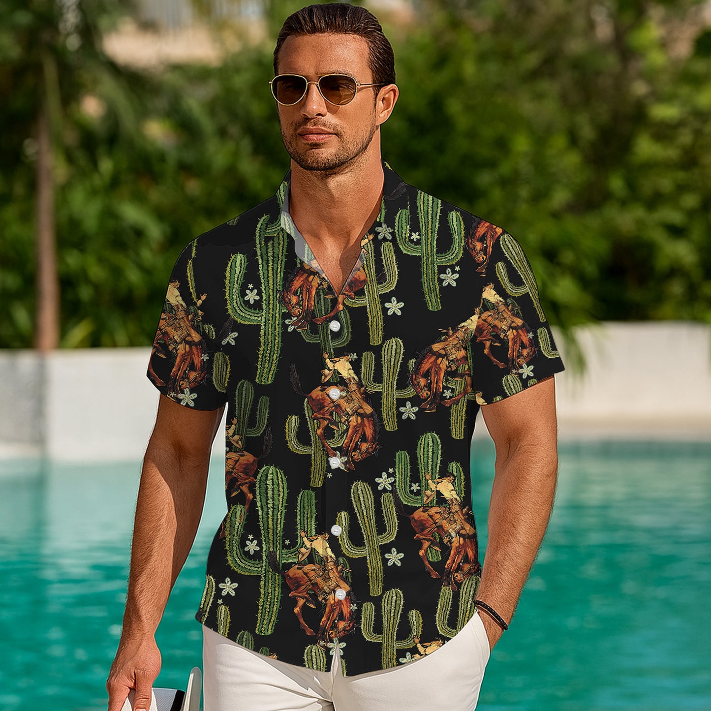 Western Cowboy Riding Horse & Cactus Pattern Hawaiian Shirt Men Women Casual Aloha