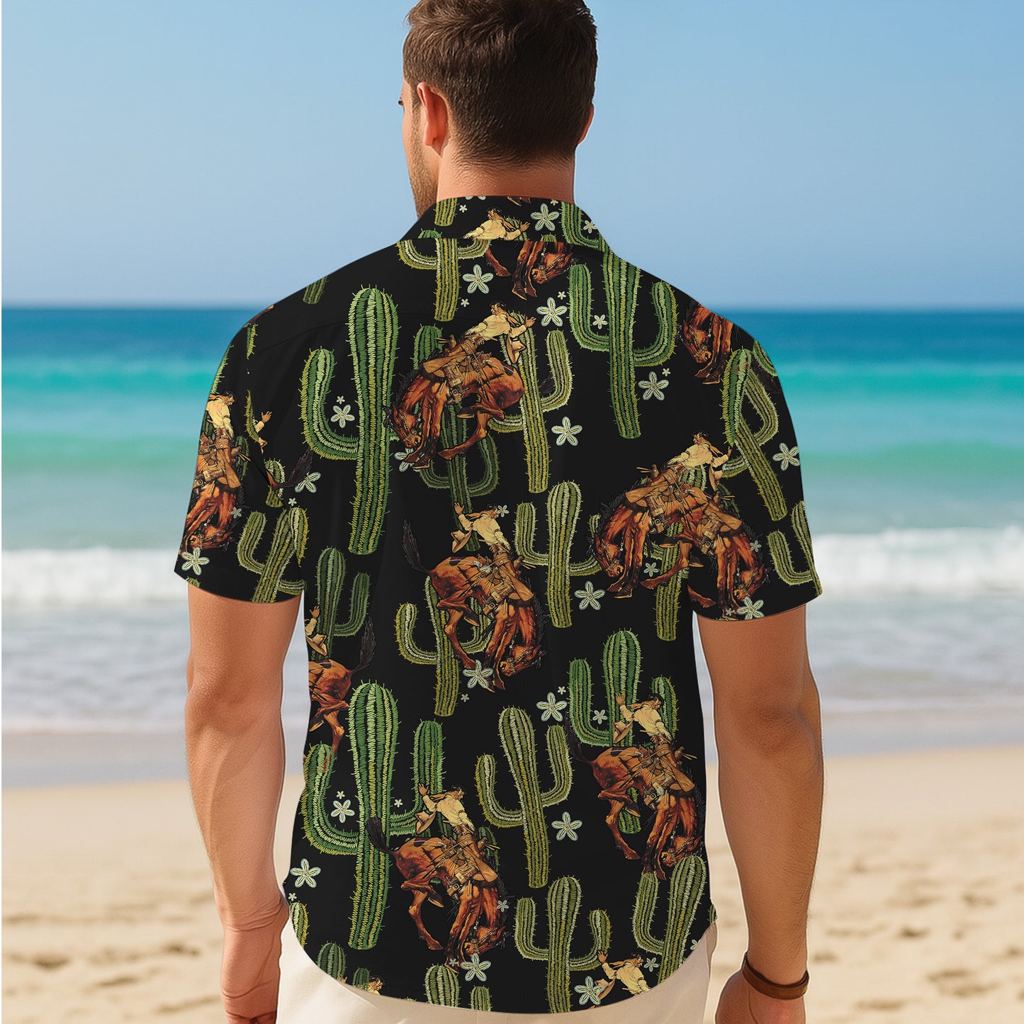 Western Cowboy Riding Horse & Cactus Pattern Hawaiian Shirt Men Women Casual Aloha