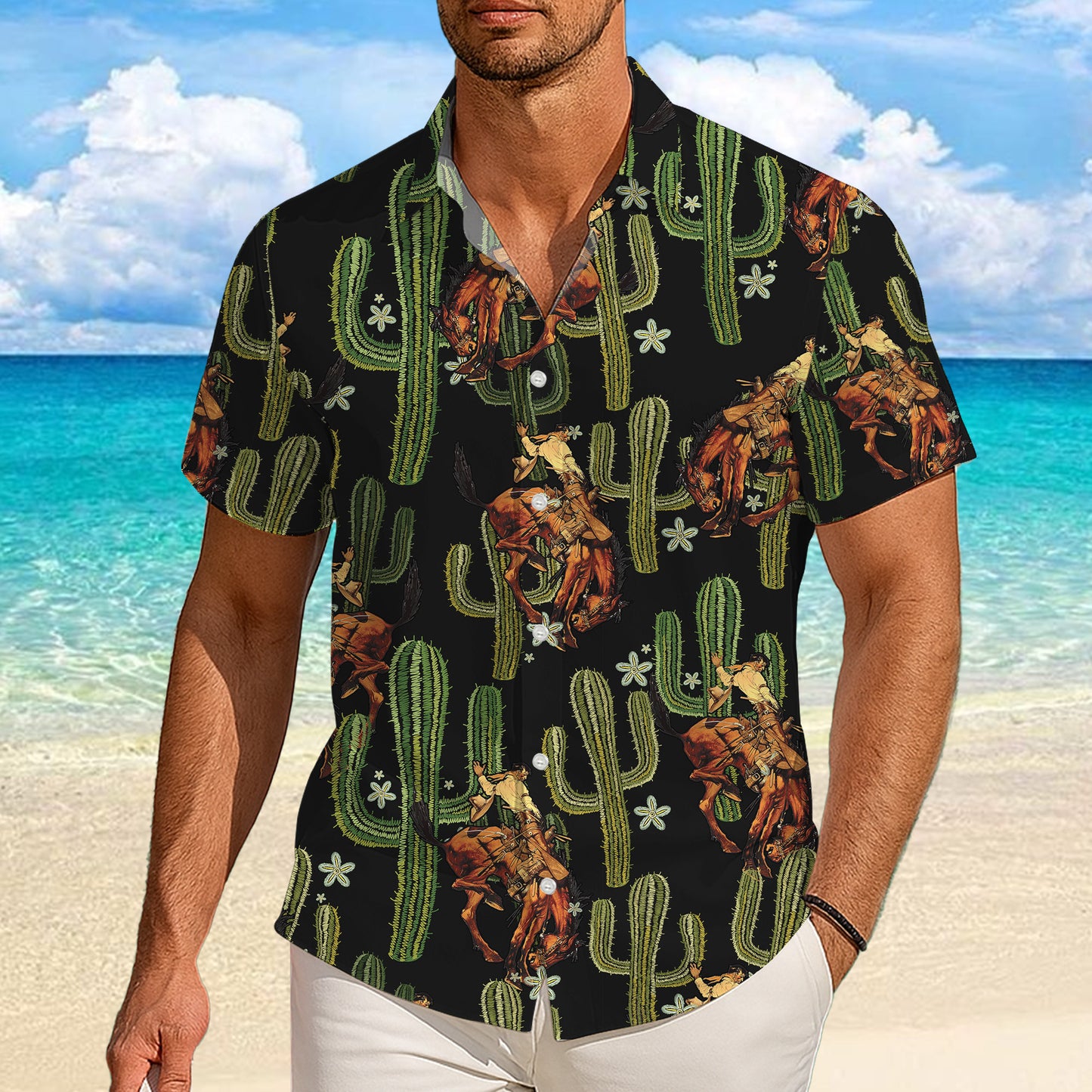 Western Cowboy Riding Horse & Cactus Pattern Hawaiian Shirt Men Women Casual Aloha