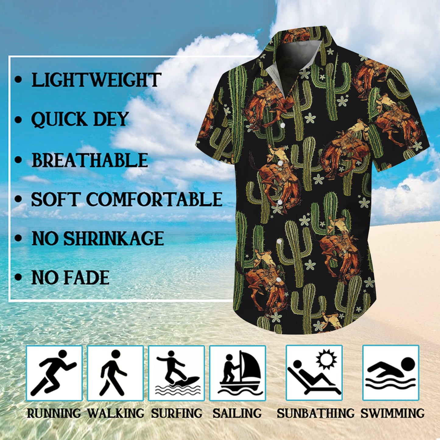 Western Cowboy Riding Horse & Cactus Pattern Hawaiian Shirt Men Women Casual Aloha