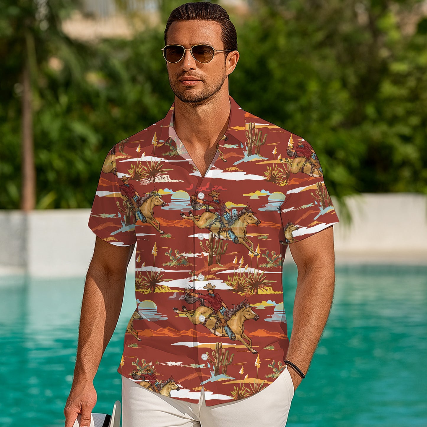Western Cowboy Rodeo Horse Sunset Desert Pattern Hawaiian Shirt Men Women Aloha