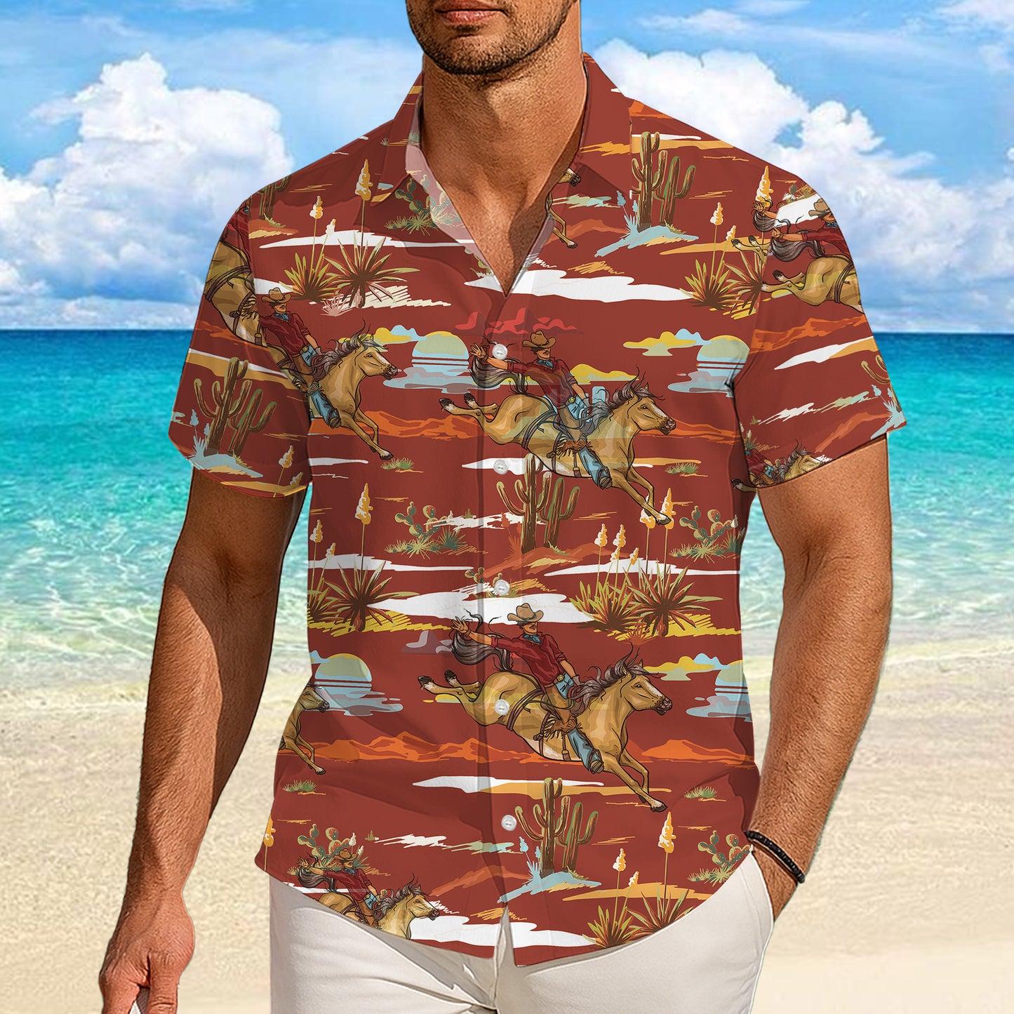 Western Cowboy Rodeo Horse Sunset Desert Pattern Hawaiian Shirt Men Women Aloha