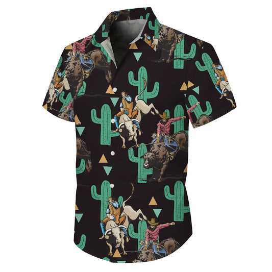 Western Cowboy Bull Riding Rodeo & Cactus Pattern Hawaiian Shirt Men Women Aloha