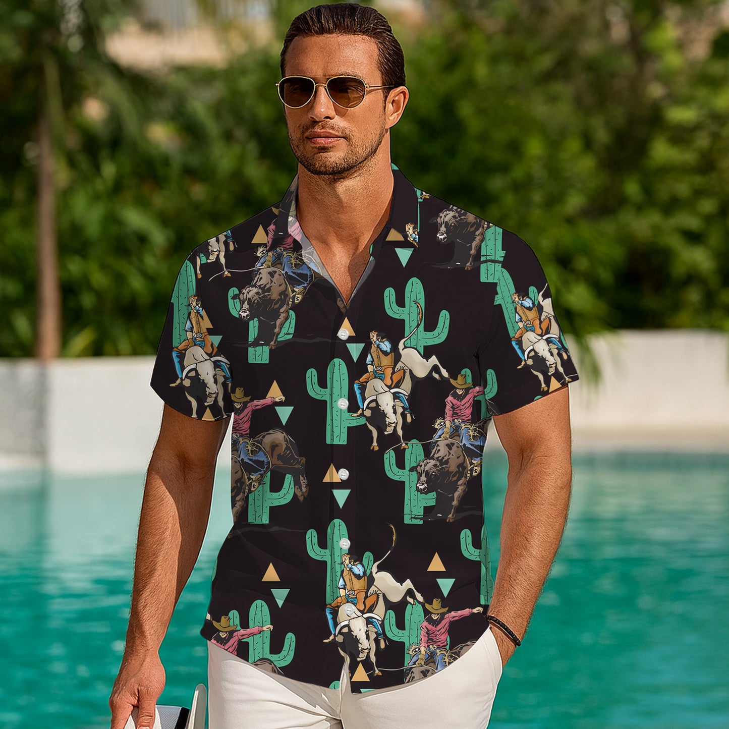 Western Cowboy Bull Riding Rodeo & Cactus Pattern Hawaiian Shirt Men Women Aloha