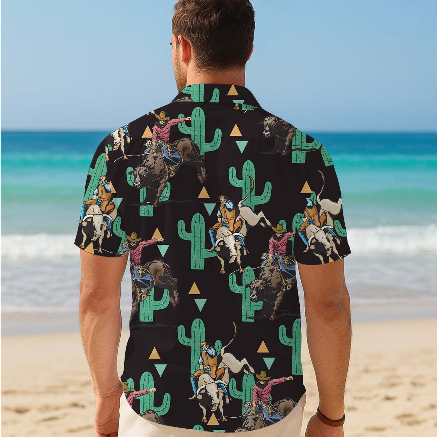 Western Cowboy Bull Riding Rodeo & Cactus Pattern Hawaiian Shirt Men Women Aloha