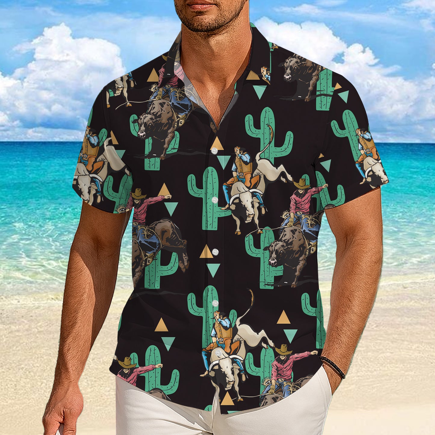 Western Cowboy Bull Riding Rodeo & Cactus Pattern Hawaiian Shirt Men Women Aloha