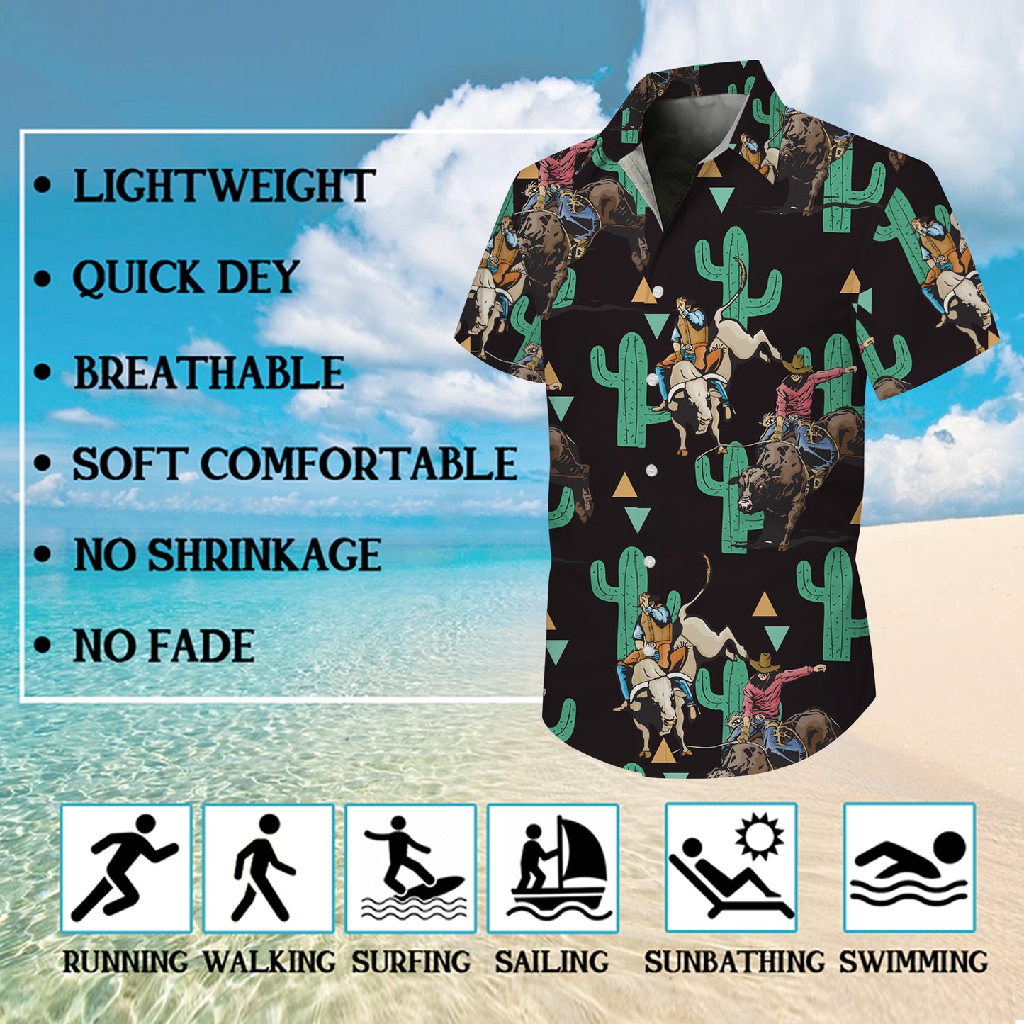 Western Cowboy Bull Riding Rodeo & Cactus Pattern Hawaiian Shirt Men Women Aloha