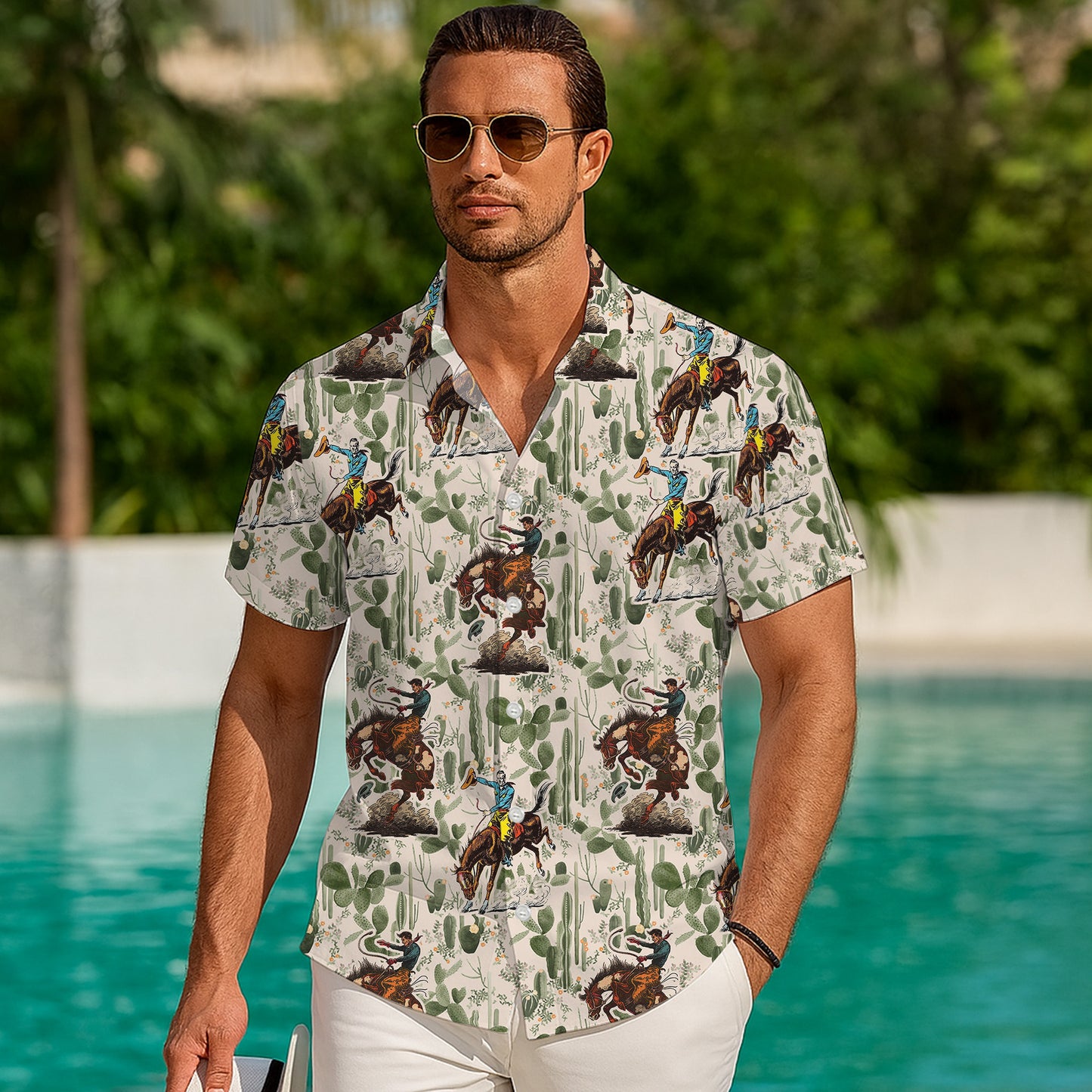 Vintage Western Cowboy Rodeo Horse & Cactus Pattern Hawaiian Shirt Men Women Aloha