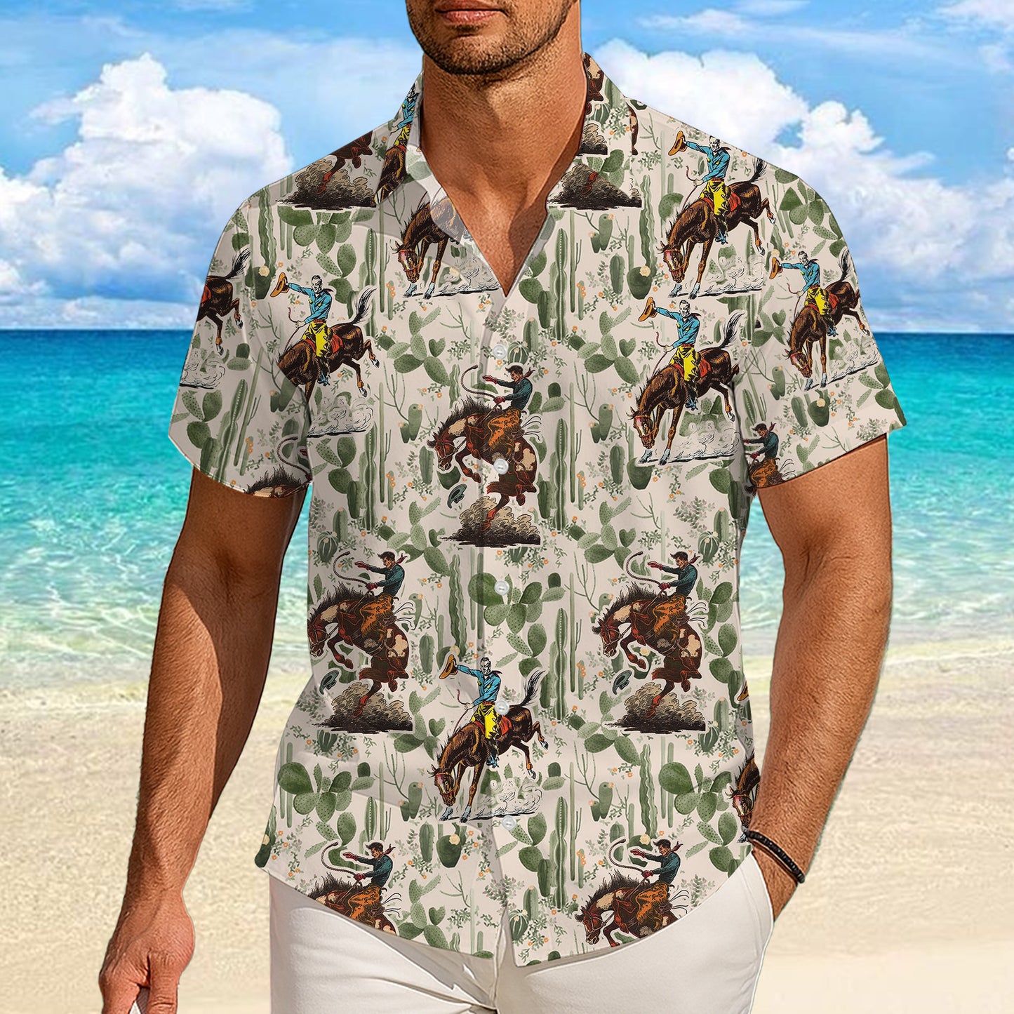 Vintage Western Cowboy Rodeo Horse & Cactus Pattern Hawaiian Shirt Men Women Aloha