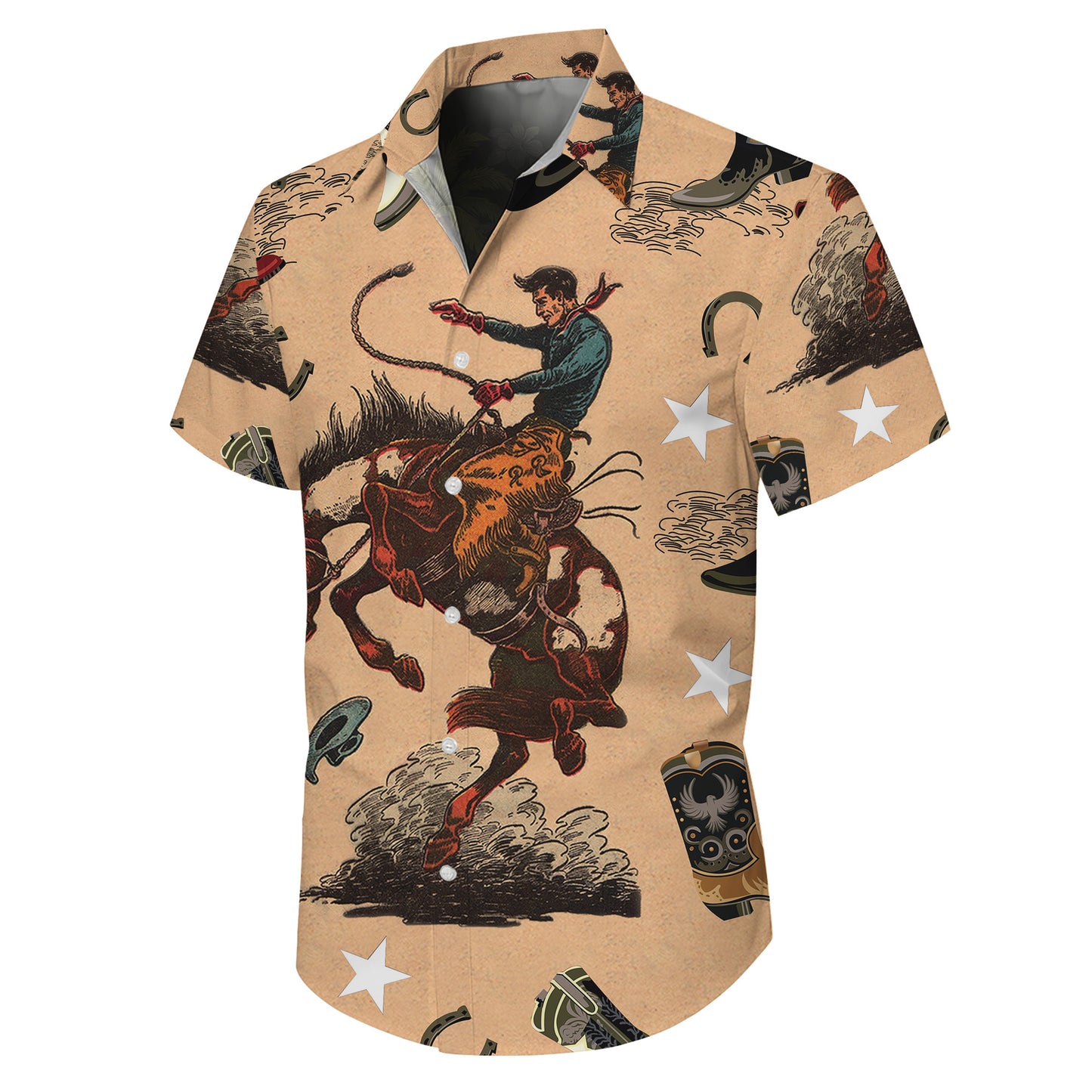 Vintage Western Cowboy Rodeo Boot Horseshoe & Star Pattern Hawaiian Shirt Men Women