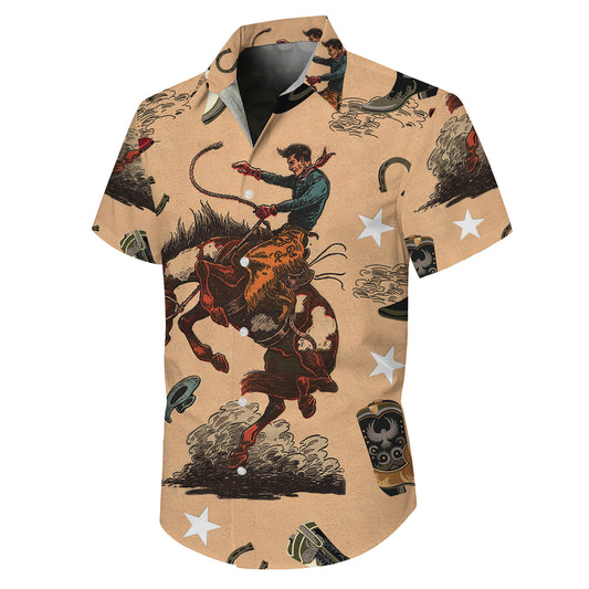 Vintage Western Cowboy Rodeo Boot Horseshoe & Star Pattern Hawaiian Shirt Men Women