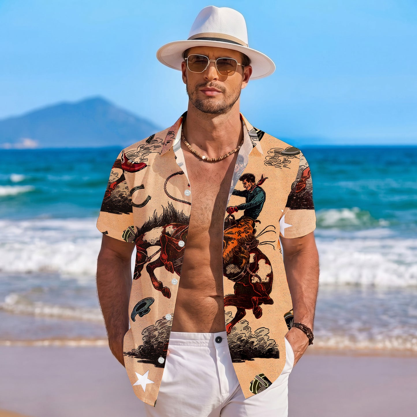 Vintage Western Cowboy Rodeo Boot Horseshoe & Star Pattern Hawaiian Shirt Men Women