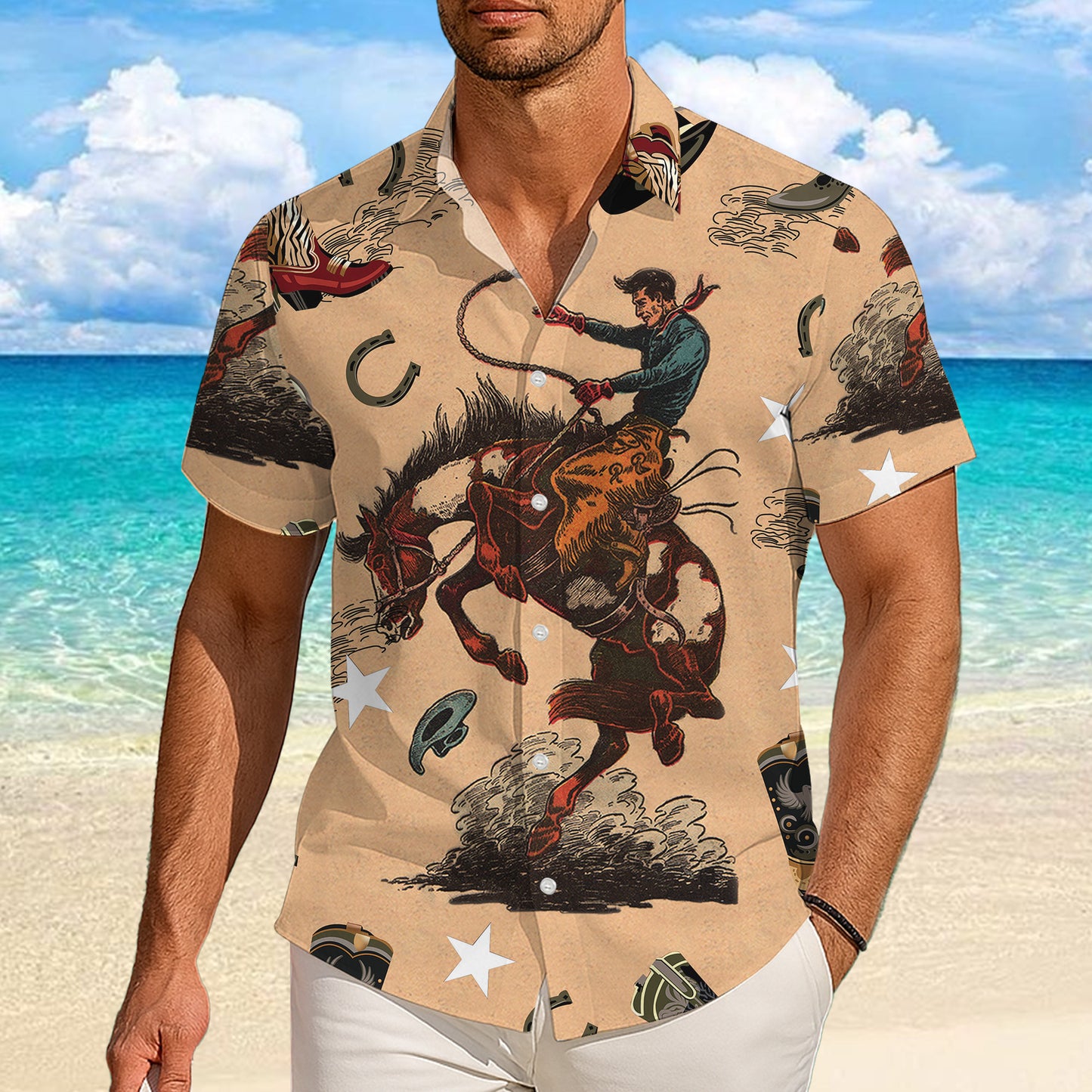 Vintage Western Cowboy Rodeo Boot Horseshoe & Star Pattern Hawaiian Shirt Men Women