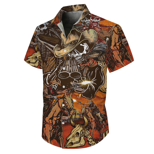 Western Cowboy Skeleton Skull Art Pattern Hawaiian Shirt Men Women Casual Aloha