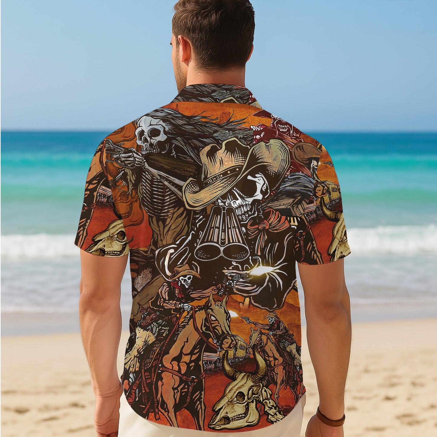 Western Cowboy Skeleton Skull Art Pattern Hawaiian Shirt Men Women Casual Aloha