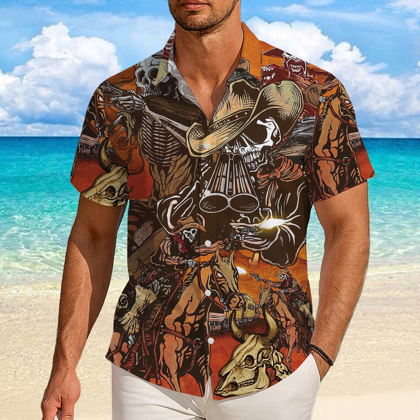 Western Cowboy Skeleton Skull Art Pattern Hawaiian Shirt Men Women Casual Aloha