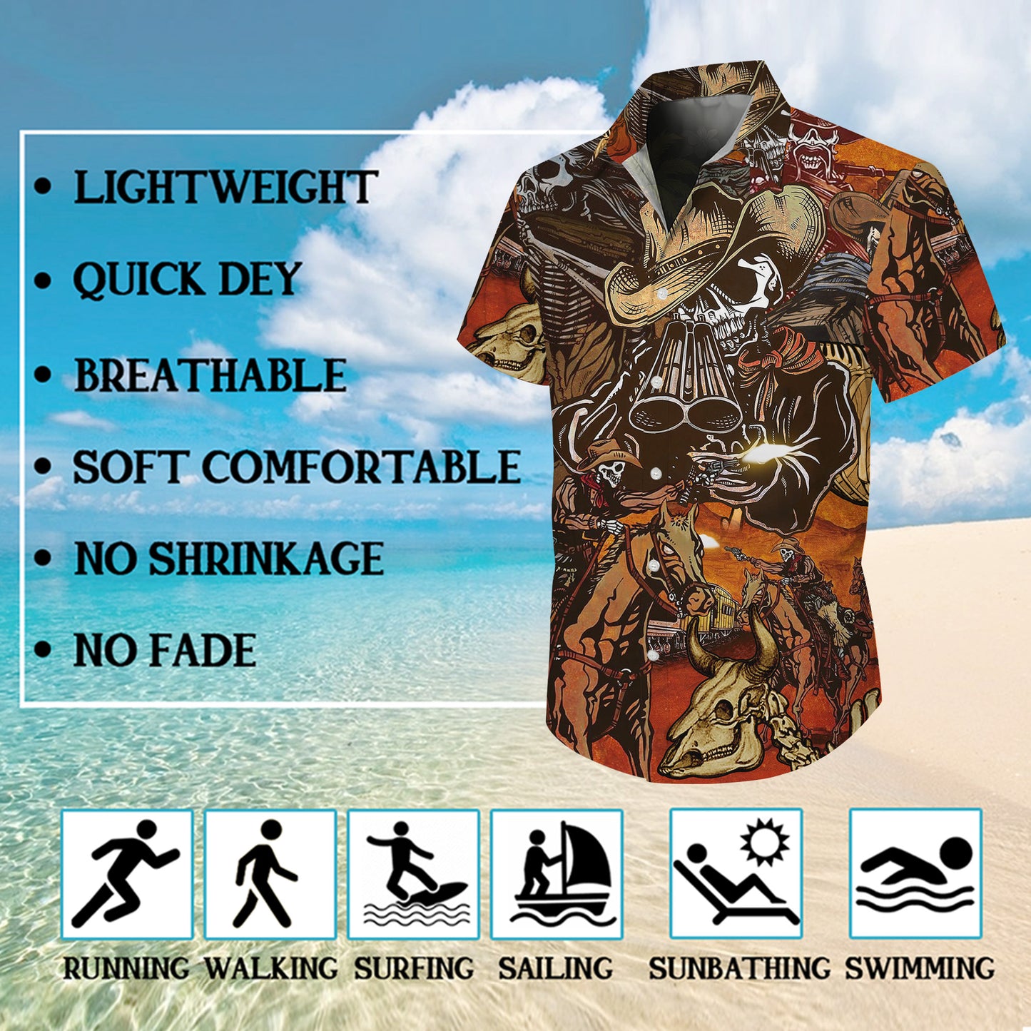 Western Cowboy Skeleton Skull Art Pattern Hawaiian Shirt Men Women Casual Aloha
