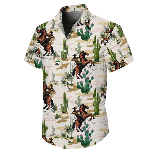Western Cowboy Riding Horse & Cactus Desert Landscape Pattern Hawaiian Shirt Men
