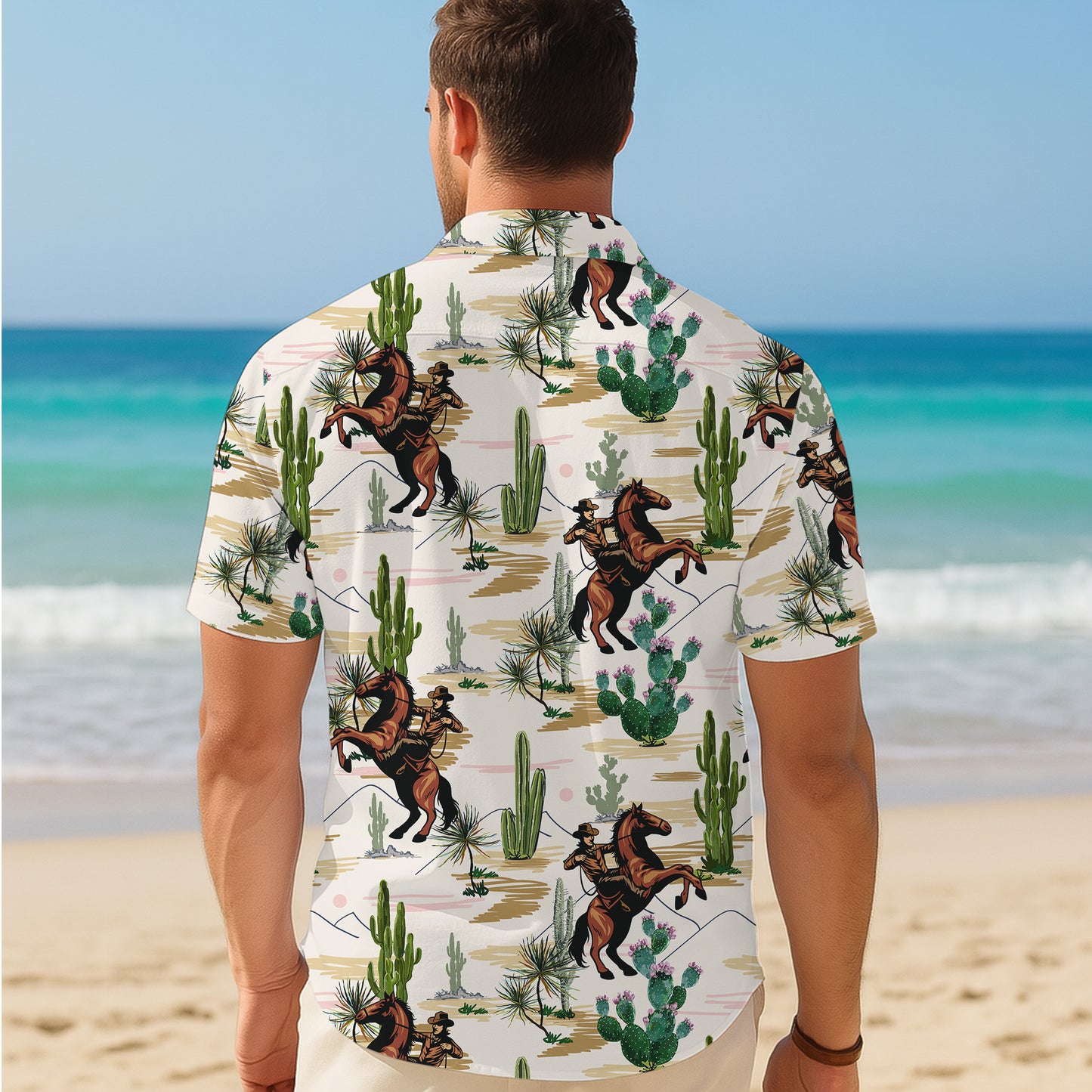 Western Cowboy Riding Horse & Cactus Desert Landscape Pattern Hawaiian Shirt Men