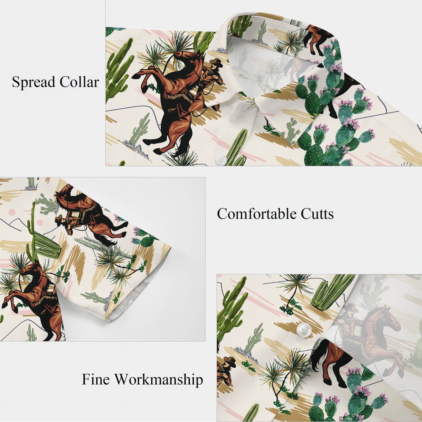 Western Cowboy Riding Horse & Cactus Desert Landscape Pattern Hawaiian Shirt Men