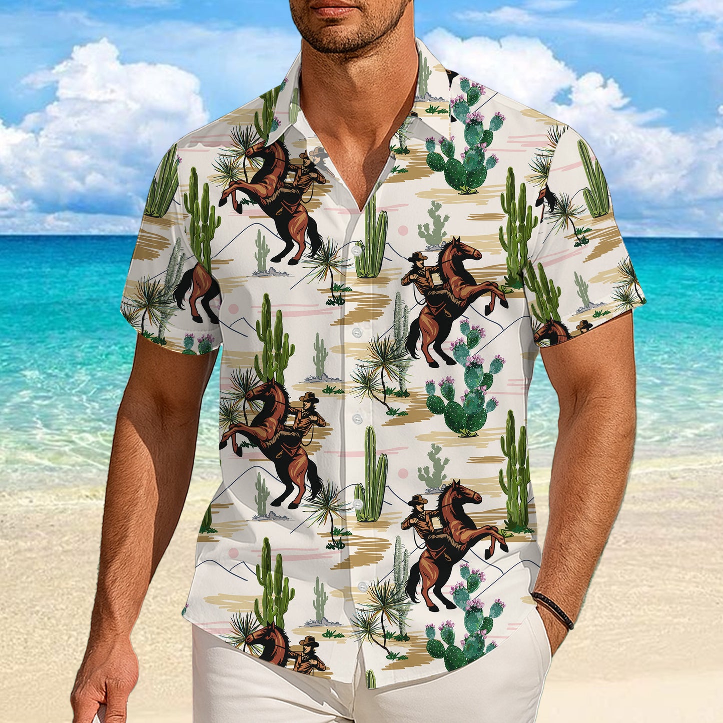 Western Cowboy Riding Horse & Cactus Desert Landscape Pattern Hawaiian Shirt Men