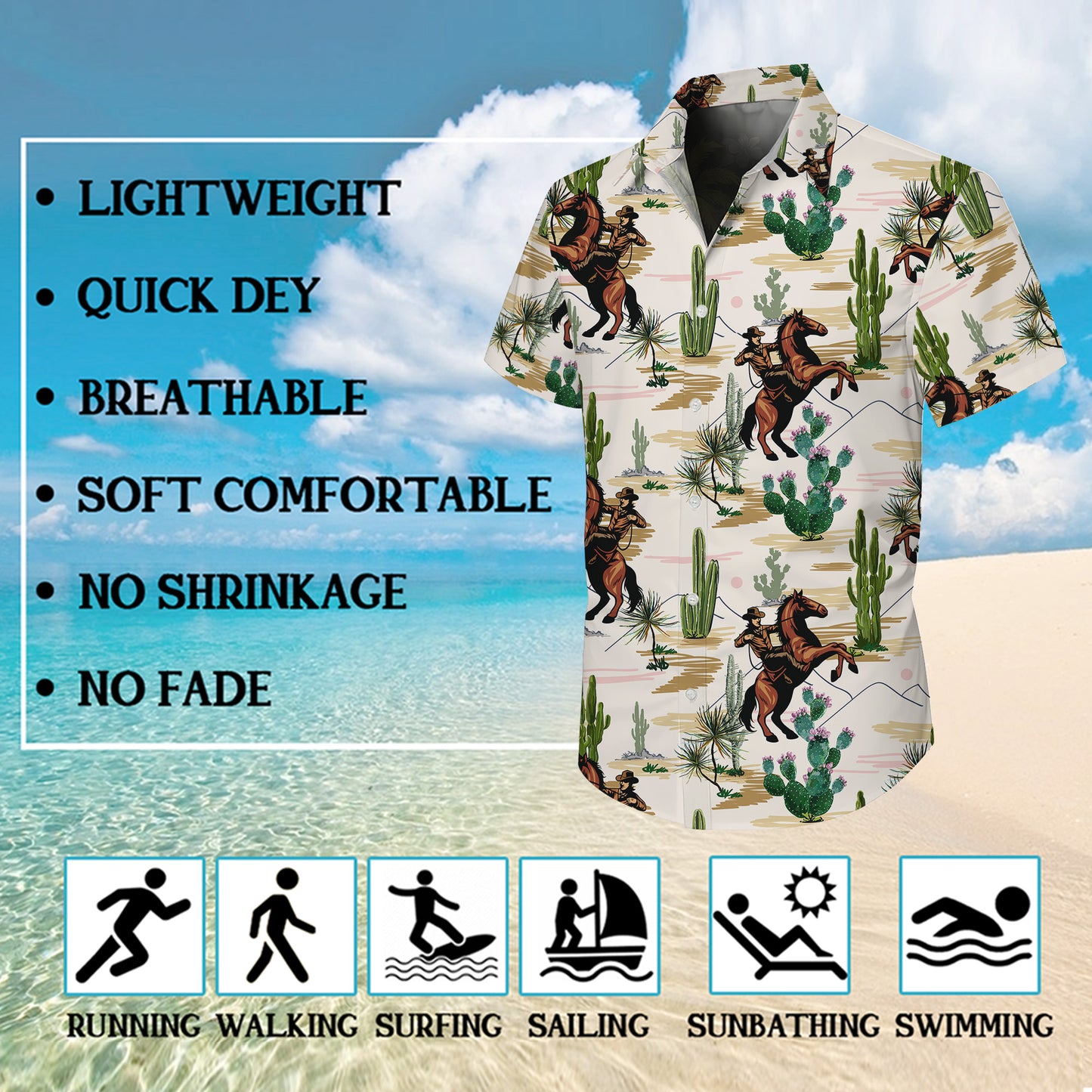 Western Cowboy Riding Horse & Cactus Desert Landscape Pattern Hawaiian Shirt Men