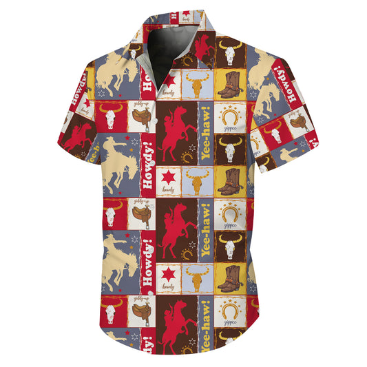 Western Cowboy Patchwork Style Howdy Yee-haw Rodeo Pattern Hawaiian Shirt Men Women
