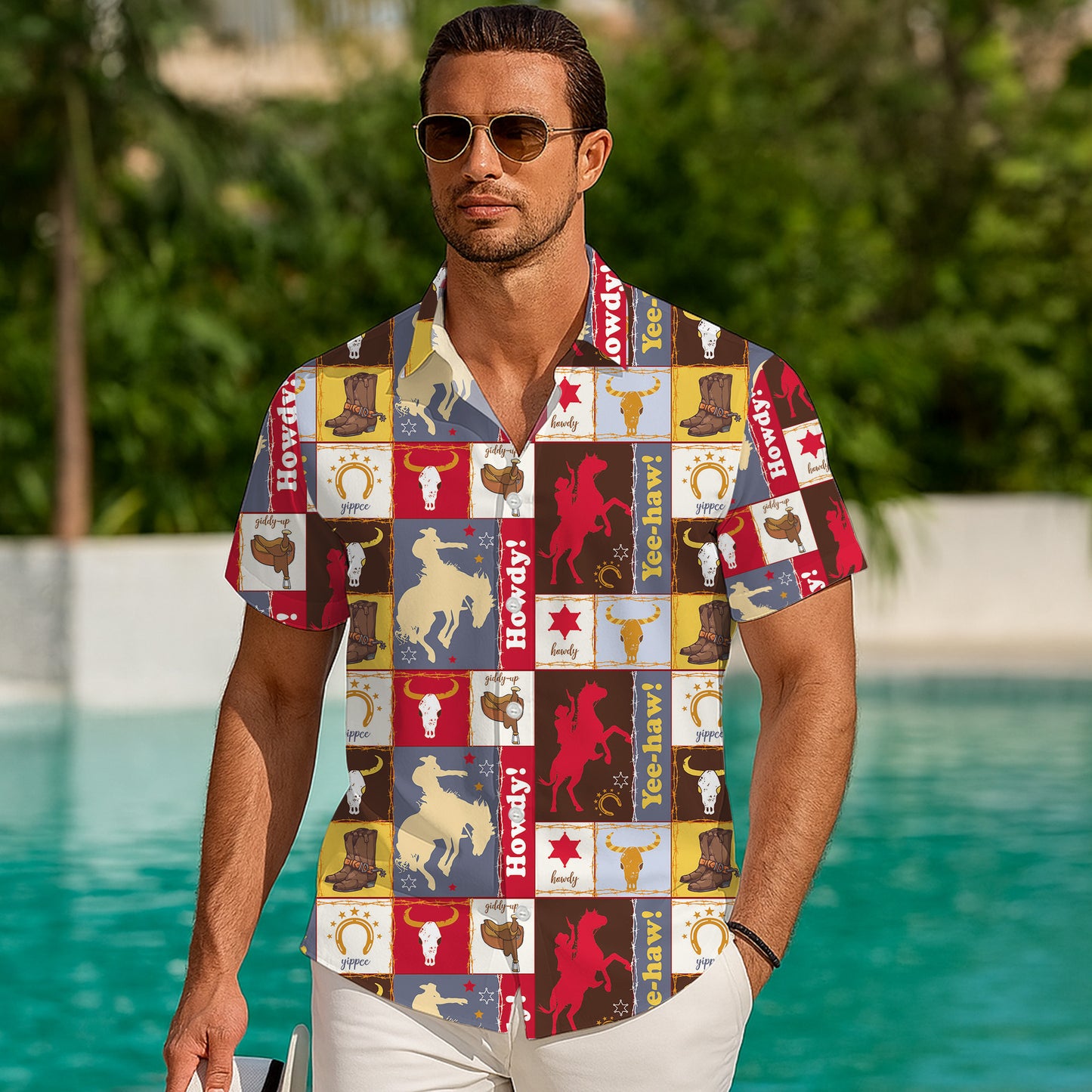 Western Cowboy Patchwork Style Howdy Yee-haw Rodeo Pattern Hawaiian Shirt Men Women