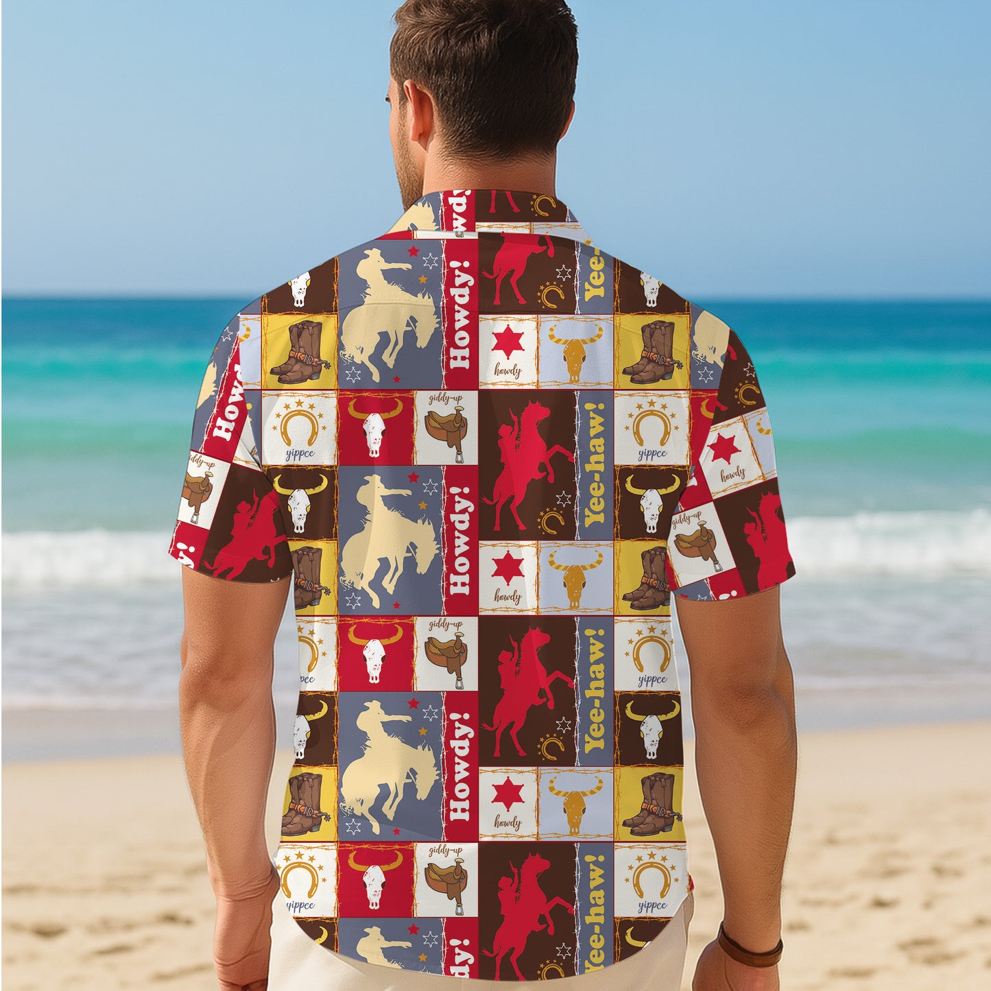 Western Cowboy Patchwork Style Howdy Yee-haw Rodeo Pattern Hawaiian Shirt Men Women