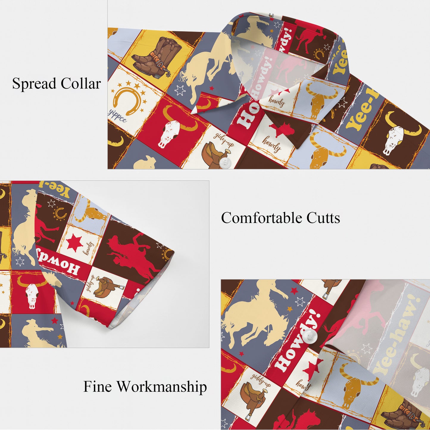 Western Cowboy Patchwork Style Howdy Yee-haw Rodeo Pattern Hawaiian Shirt Men Women