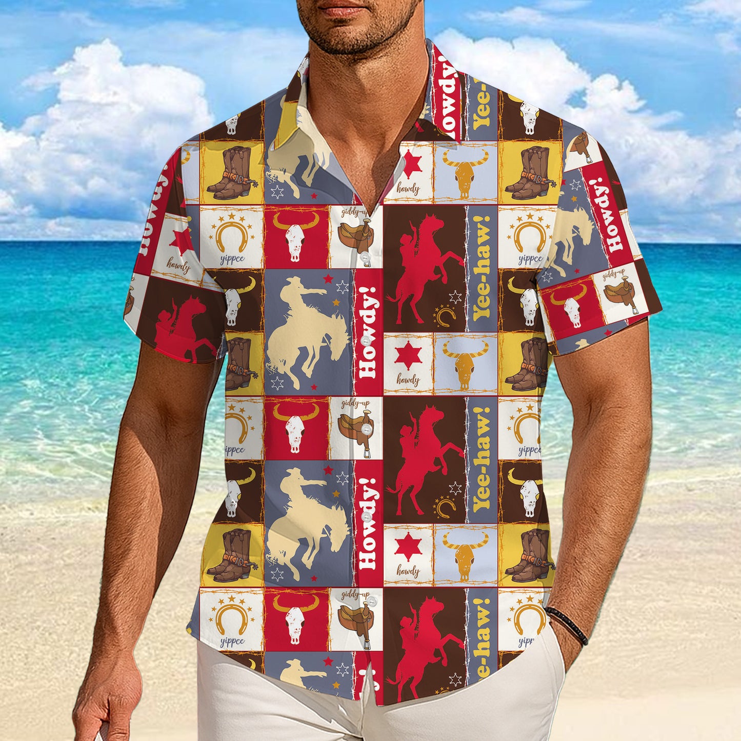 Western Cowboy Patchwork Style Howdy Yee-haw Rodeo Pattern Hawaiian Shirt Men Women
