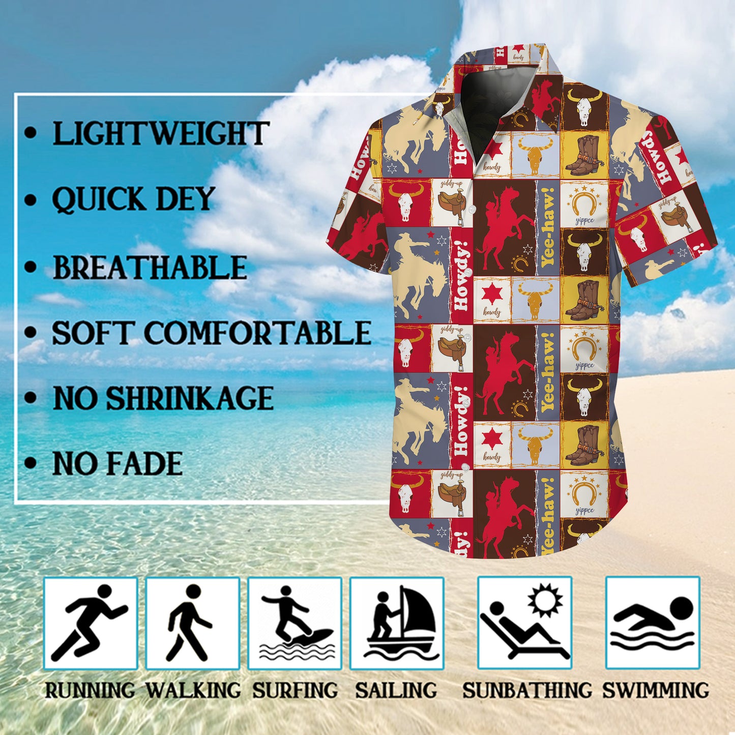 Western Cowboy Patchwork Style Howdy Yee-haw Rodeo Pattern Hawaiian Shirt Men Women