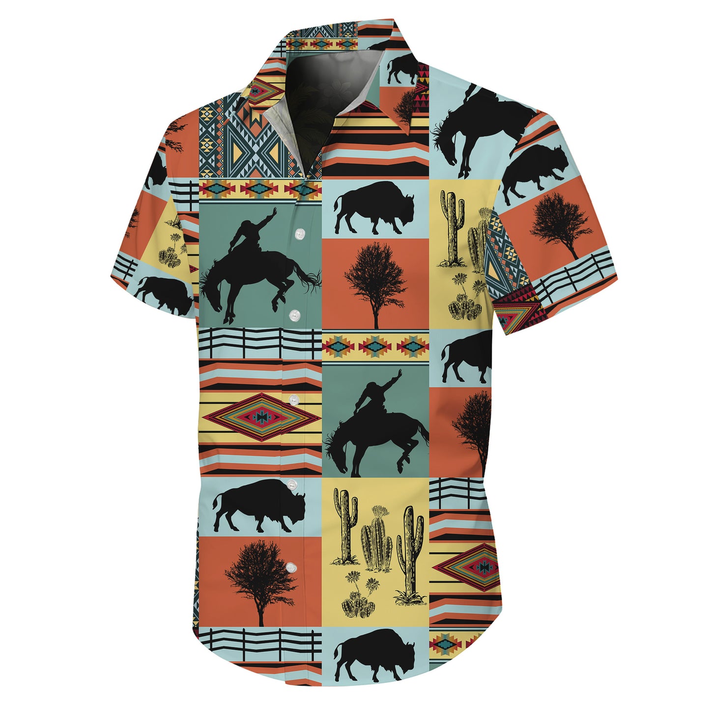 Western Cowboy Buffalo Bison & Southwest Aztec Tribal Pattern Hawaiian Shirt Men