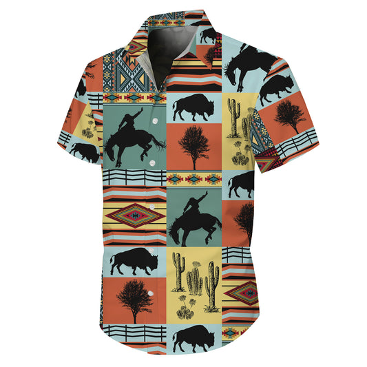 Western Cowboy Buffalo Bison & Southwest Aztec Tribal Pattern Hawaiian Shirt Men