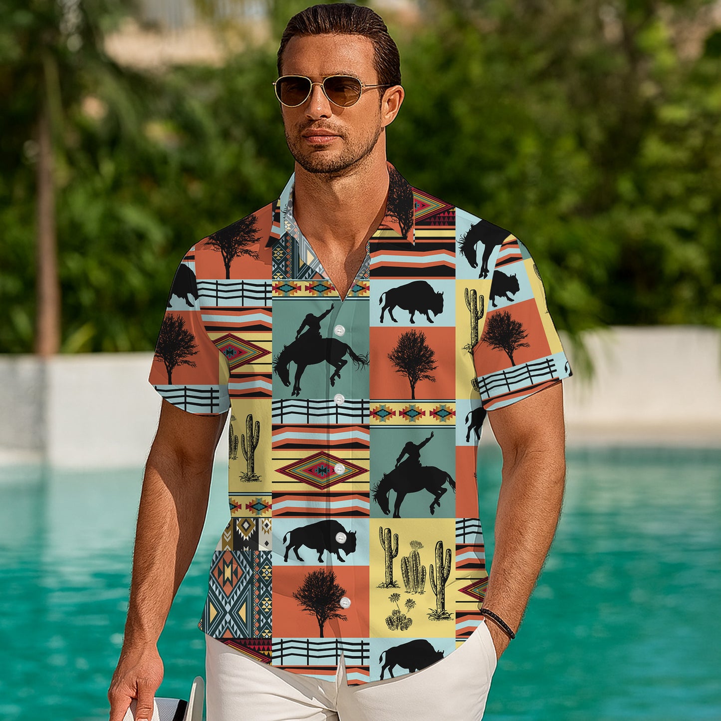 Western Cowboy Buffalo Bison & Southwest Aztec Tribal Pattern Hawaiian Shirt Men