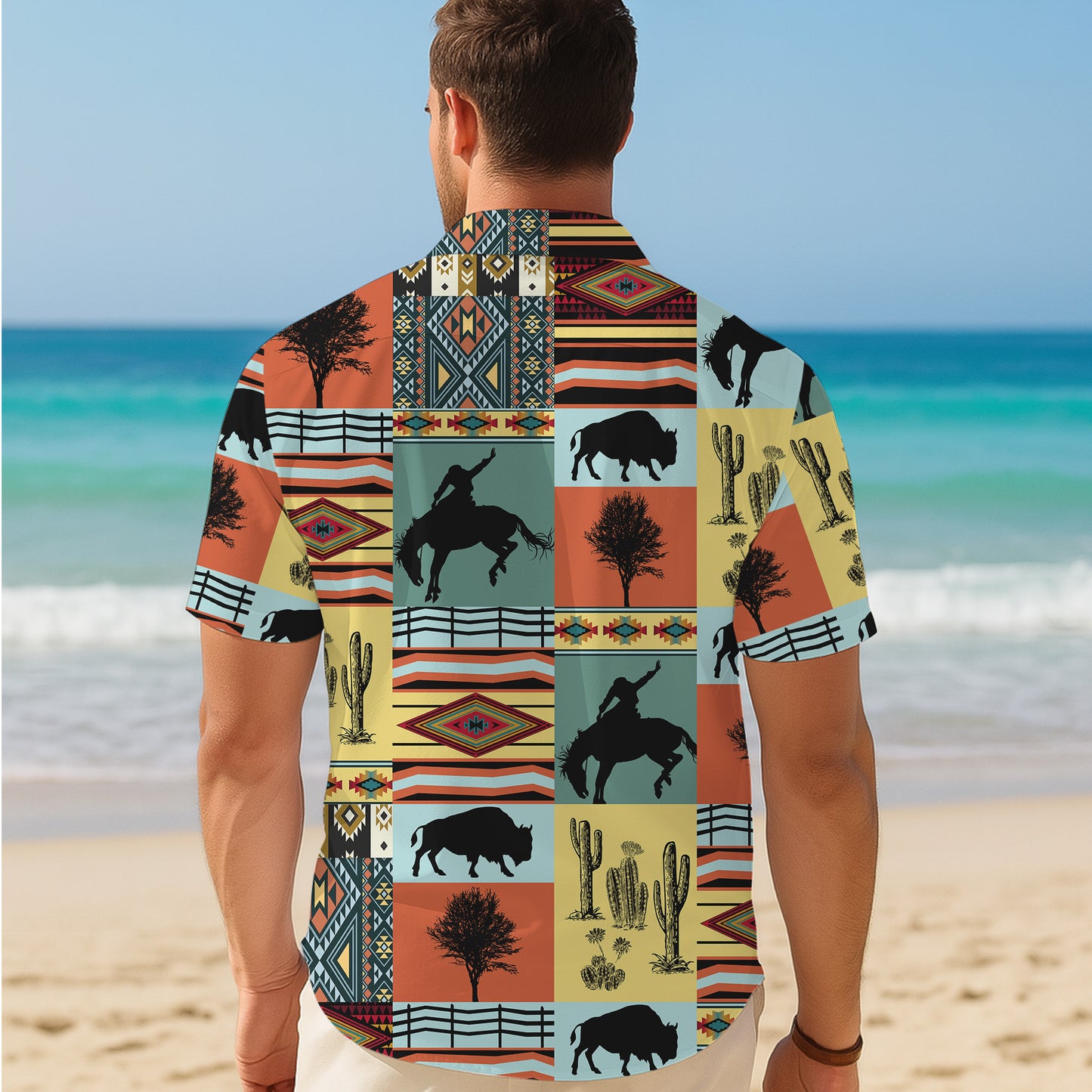 Western Cowboy Buffalo Bison & Southwest Aztec Tribal Pattern Hawaiian Shirt Men