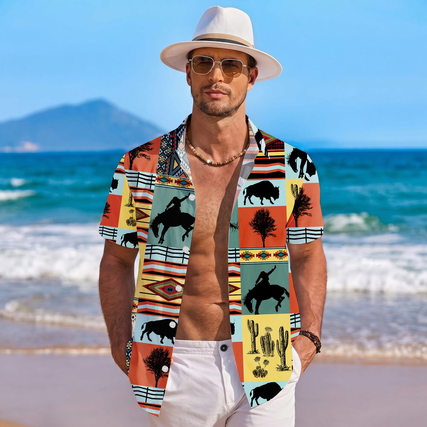 Western Cowboy Buffalo Bison & Southwest Aztec Tribal Pattern Hawaiian Shirt Men